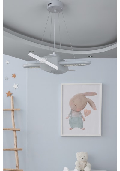 Uçak Temalı Entegre Led Çocuk Odası Sarkıt Avize 70x80cm Kişiye Özel Tasarım, El Yapımı Görünüm Gri Gri