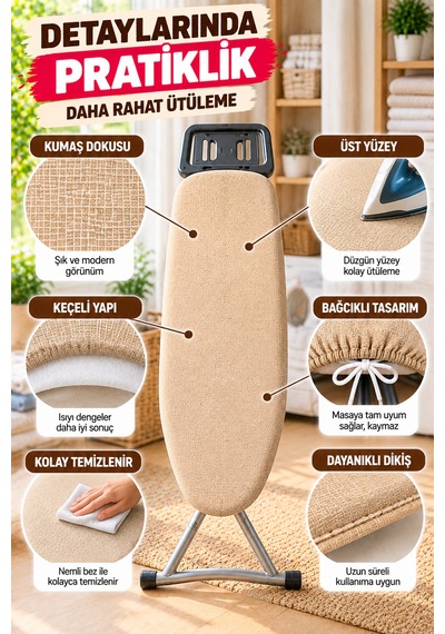 Bej Ütü Masası Kılıfı 50x130 Cm Keçeli Bağcıklı Ütü Bezi Örtüsü Pratik Kullanım Yedek Kılıf Gri Renk