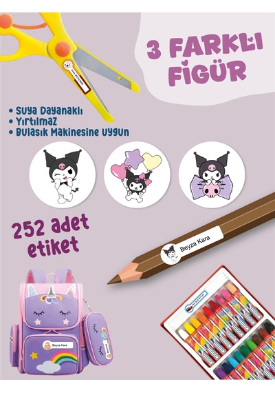 Okul Etiketi Kalem Defter Etiketi Kuromi Temalı Özel İsim Yazılabilen Etiket - 252adet