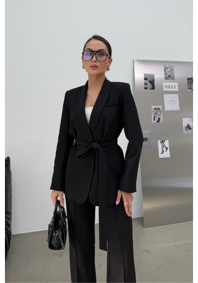 Meecy Kadın İkili Kuşaklı Blazer Ceket Ve Pantolon Takım Siyah Siyah