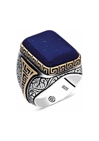 Gümüş Koyu Mavi Lapis Taşlı Kare Erkek Yüzük Çok Renkli Çok Renkli