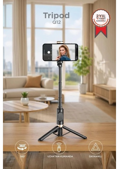 Delux Serisi Aksesuar Kamera Tripod Çok Amaçlı Kumandalı Selfie Çubuğu Q12 Siyah