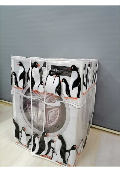 Penguen Desenli Pvc Çamaşır Ve Kurutma Makinesi Örtüsü Su Geçirmez, Dayanıklı Ve Toza Karşı Koruyucu Şeffaf