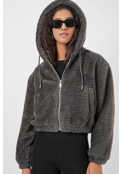 Bigdart 5193 Kapüşonlu Peluş Crop Ceket - Antrasit