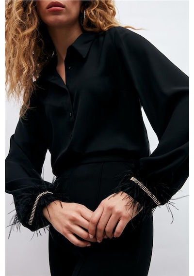 Sateen Manşeti Tüy Detaylı Bayan Gömlek 3075-2023 001