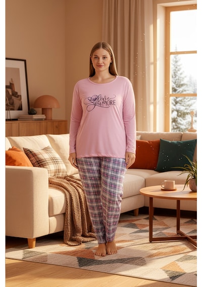 Rindahomewear Büyük Beden Süprem Uzun Kol Pijama Takımı Pembe1