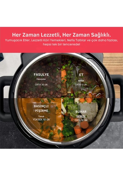Smart Pot 9'u 1 Arada Elektrikli Düdüklü Tencere, Yavaş Pişirici, 6l Siyah