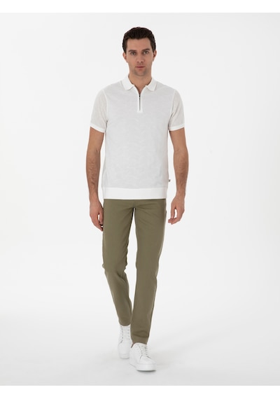 Ekru Regular Fit Fermuarlı Polo Yaka Desenli T-shirt Bej