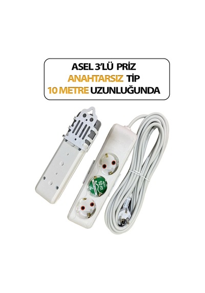 Üçlü, Topraklı, Klemensli, Kablo 10 Metre Uzunluğunda, Askı Aparatlı Grup Priz Anahtarsız Model 7