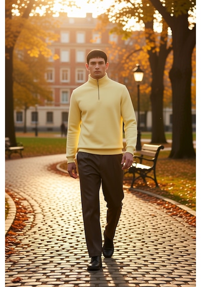 Benerly Erkek Dik Yaka Fermuarlı Standart Kol Regular Kalıp Sweatshirt Fo Açık Sarı