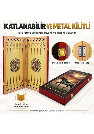 Büyük Boy Doğal Ahşap Tavla Ve Dama Seti Siyah At Desenli Katlanabilir Hediyelik & Dekoratif Set