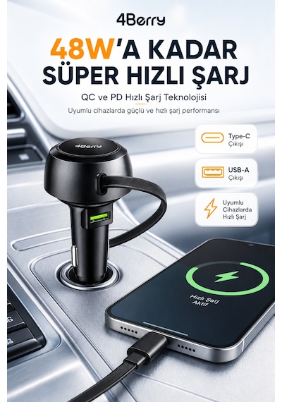 4berry 48w Süper Hızlı Şarj Destekli Geri Çekilebilir Kablolu Araç Şarj Cihazı