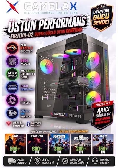 Gamelax FIRTINA-02 R7-9800X3D 32 GB 1 TB SSD RX9060XT 16 GB Free Dos Masaüstü Bilgisayar