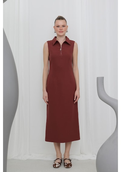Soul 32149 Kadın Fermuar Detaylı Midi Elbise Burgundy