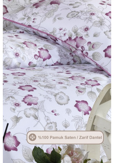 Elart Rose Nevresim Takımı Çift Kişilik Digital Baskılı %100 Pamuk Saten Dantelli 200x220 Cm Pudra Pudra