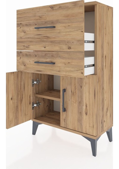 Arges Komodin Tek Raflı 2 Çekmeceli 2 Kapaklı 60x30x106 Çam-çam Çam