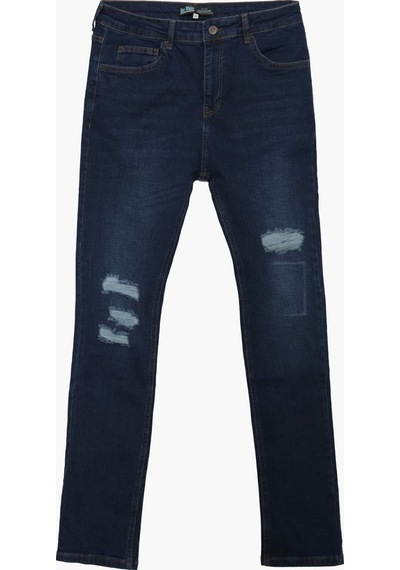 Blue White Erkek Yırtık Detay Likralı Skinny Fit Koyu Mavi Jean Pantolon 30