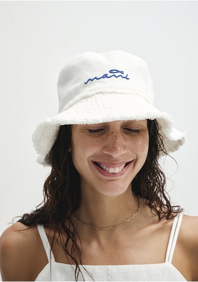 Mavi - Mavi Nakışlı Beyaz Bucket Şapka 1913102-620