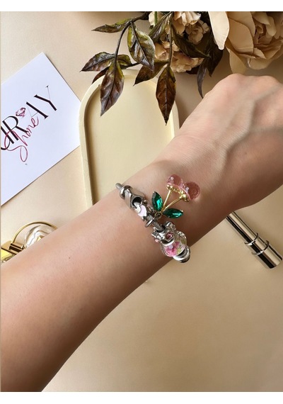 Pembe Kirazlı Gümüş Renk Çelik Charm Bileklik Çok Renkli