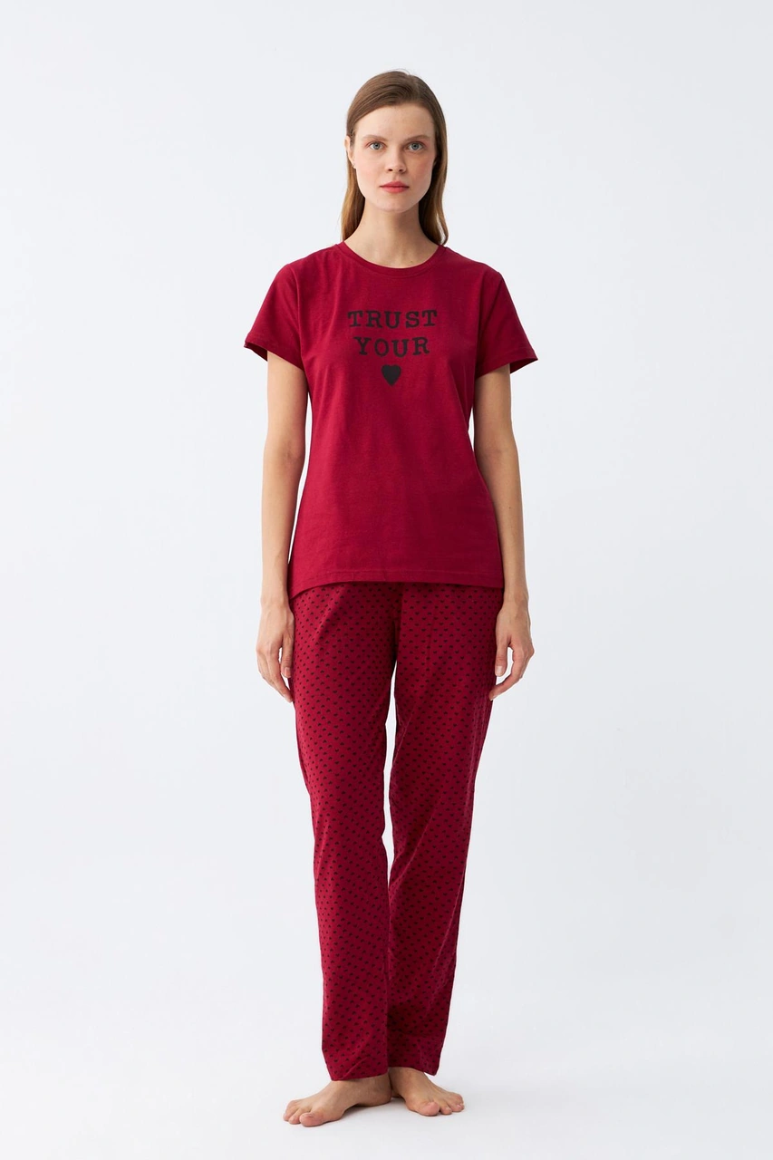 Akbeniz Kadın Bordo Kalp Desenli Kısa Kollu Penye Pijama Takımı Bordo
