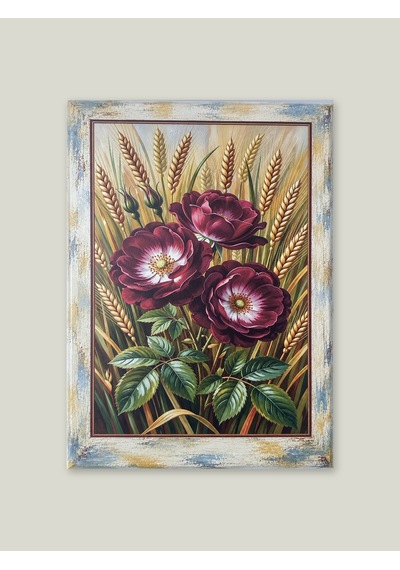Ahşap Eskitme Çerçeve Desenli Başak Ve Bordo Çiçek Detaylı Dekoratif Ahşap Tablo 52x72 Cm