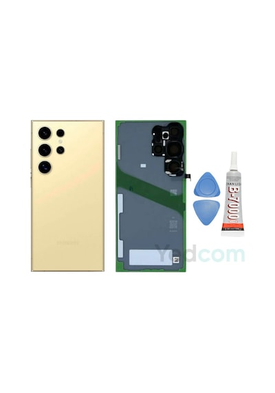 Samsung S24 Ultra Titanyum Sarı Uyumlu Kamera Camlı Arka Cam Batarya Pil Kapağı Telefon Arka Kapak Gri