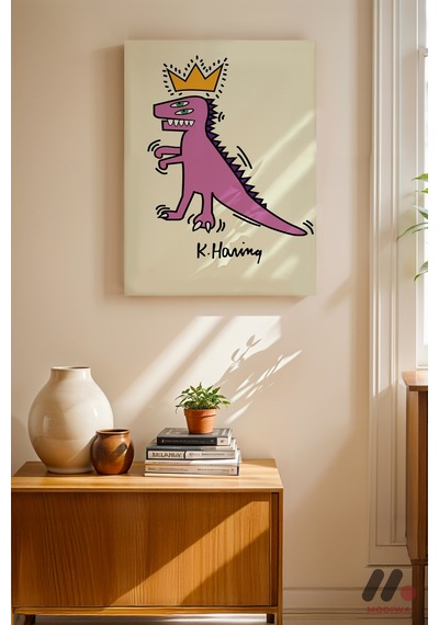 Taçlı Dinozor Pop Art, Çerçevesiz Yüksek Kalite Duvar Afişi - Renkli Ev Dekorasyonu