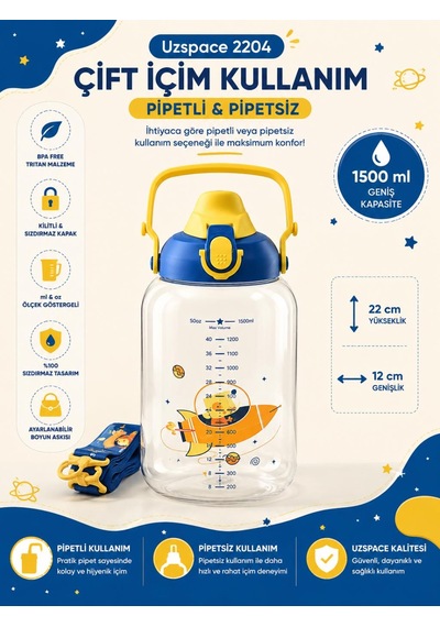 Uzspace 2204 Mavi 1500 Ml Çift İçim Ölçek Göstergeli Tritan Çocuk Su Matarası