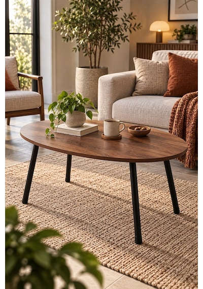 Sulorahome Ceviz Desenli Metal Ayaklı Oval Orta Sehpa