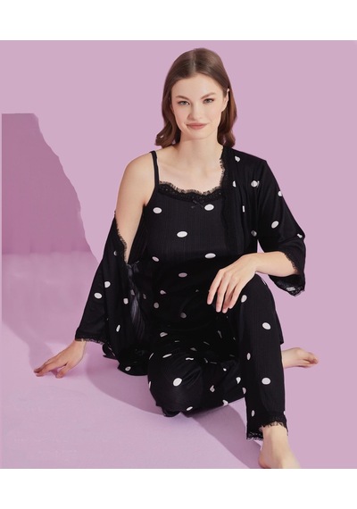 Lukitus Sabahlıklı İp Askılı Puantiyeli Kadın Pijama Takımı Çok Renkli