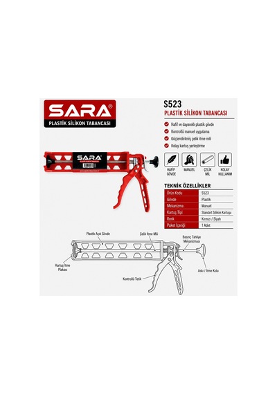 Sara S523 Plastik Silikon Tabancası Standart Kartuş Uyumlu, Manuel Kullanım