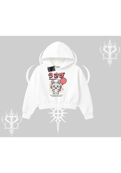 Startmore Kapşonlu Crop Sweatshirt Usagi Kawaii Cute Heart Energy Beyaz
