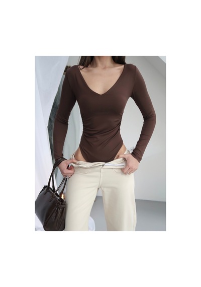 Paw Garage Kadın V Yaka Polyamid Bodysuit Kahverengı