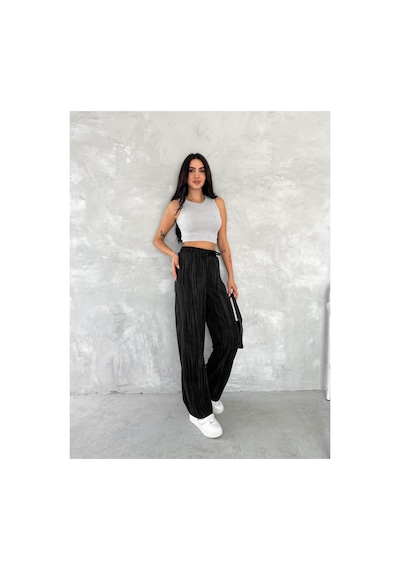 Gugus Trend Kadın Beli Lastikli Bol Paça Wide Lige Eskitme Keten Pantolon Siyah