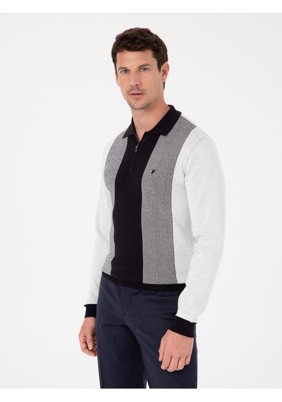 Cacharel Lacivert Slim Fit Pamuk Karışımlı Fermuarlı Polo Yaka Triko Kazak