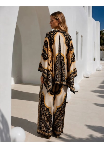 Tencelle Woman Kadın Jessica Kumaş Etnik Desenli Salaş Oversize Gömlek Pantolon İkili Takım Siyah Ekru Siyah Gold Tencelle Woman Kadın Jessica Kumaş Etnik Desenli Salaş Oversize Gömlek Pantolon İkili Takım Siyah Ekru Siyah Gold