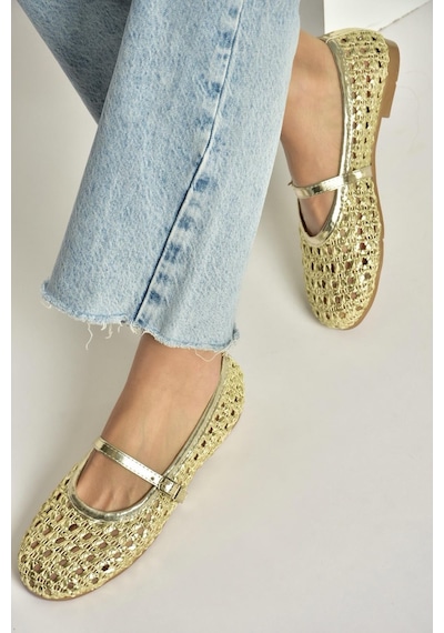Fox Shoes Y267272709 Altın Örgü File Görünümlü Kadın Babet Altın