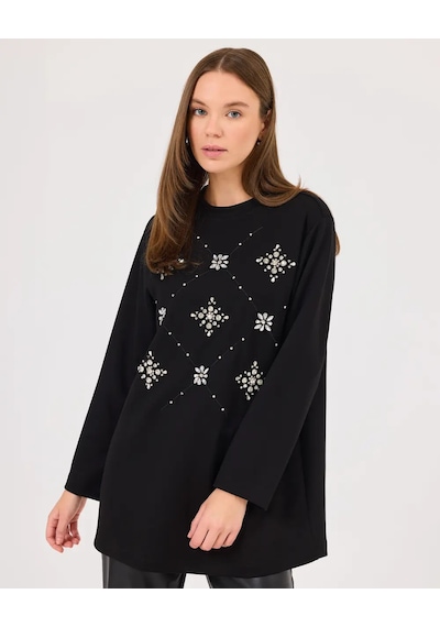 Scl Kadın Yuvarlak Yaka Taşlı Sweatshirt 10002422311004 Siyah