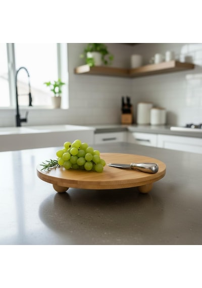Bambu Top Ayaklı Yuvarlak Sunumluk 25cm Çap Seçenekli Doğal Ahşap Servis Tabağı Peynir, Meze, Kek Standı, Kahvaltı Ve Charcuterie Board Yükseltilmiş Masaüstü Tepsi 25 Cm Çok Renkli