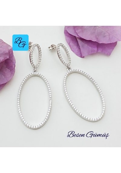 Oval Sallantılı Zirkon Taşlı Küpe Gümüş