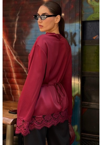 Madmext Bordo Asimetrik Dantelli Uzun Kollu Saten Bluz Mg2799