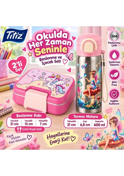 Titiz Çelik Beslenme Kabı Ve 600 Ml Çelik Termos Matara Seti Pembe Unicorn & Su Perisi 2 Li Okul Seti Çok Renkli