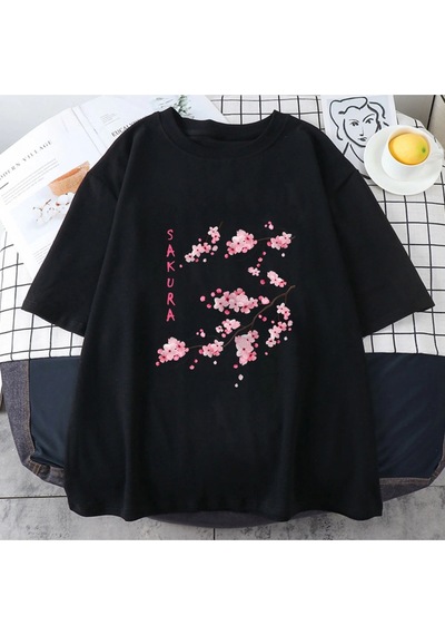 Startmore Beyaz Sakura Kiraz Çiçeği Komik Güzel Baskı Tee Gömle Siyah