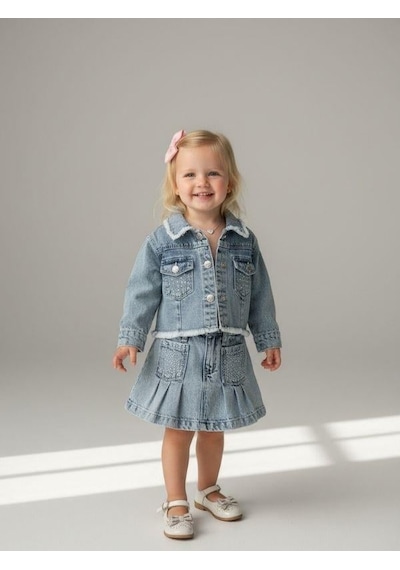 Zekids Kız Bebek Taşlı Cepli Pileli Jean Etek-16879 Mavi