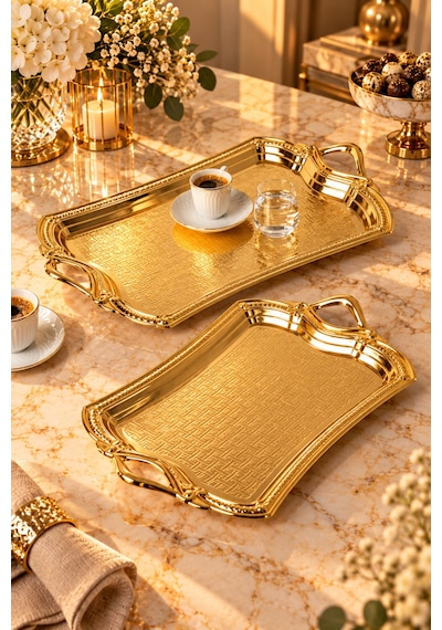 2 Li Paslanmaz Çelik Gold Tepsi Seti Desenli Servis Ve Sunum Tepsisi, Kararmaz, Solmaz Altın - 782716618 Altın