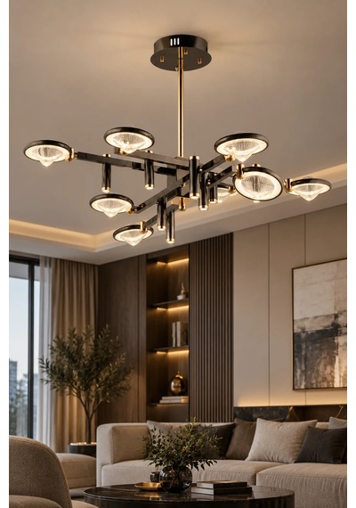 Modern Premıum Gold Siyah Led Avize 8 Kollu Luxury Salon Yemek Odası Avizesi 60w