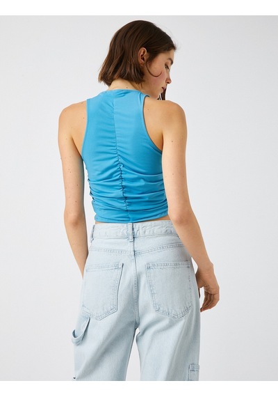 Koton Büzgülü Crop Üst Bisiklet Yaka Mavi 2sal30181ık 2SAL30181IK631
