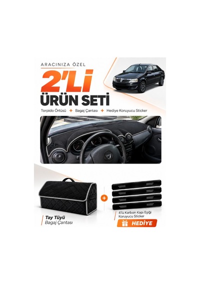 Dacia Logan 2009-2012 Uyumlu Torpido Örtüsü + Tay Tüyü Bagaj Çantası + Sticker Seti - Siyah Gri