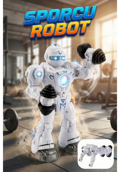 Sporcu Robot Işıklı Sesli Ve Hareketli Oyuncak Dambıl Kaldıran Şınav Çeken Robot 24 Cm