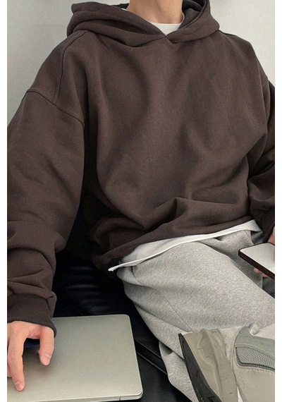 Tarz Cool Erkek Kapüşonlu Oversize Sweatshirt Kahverengi